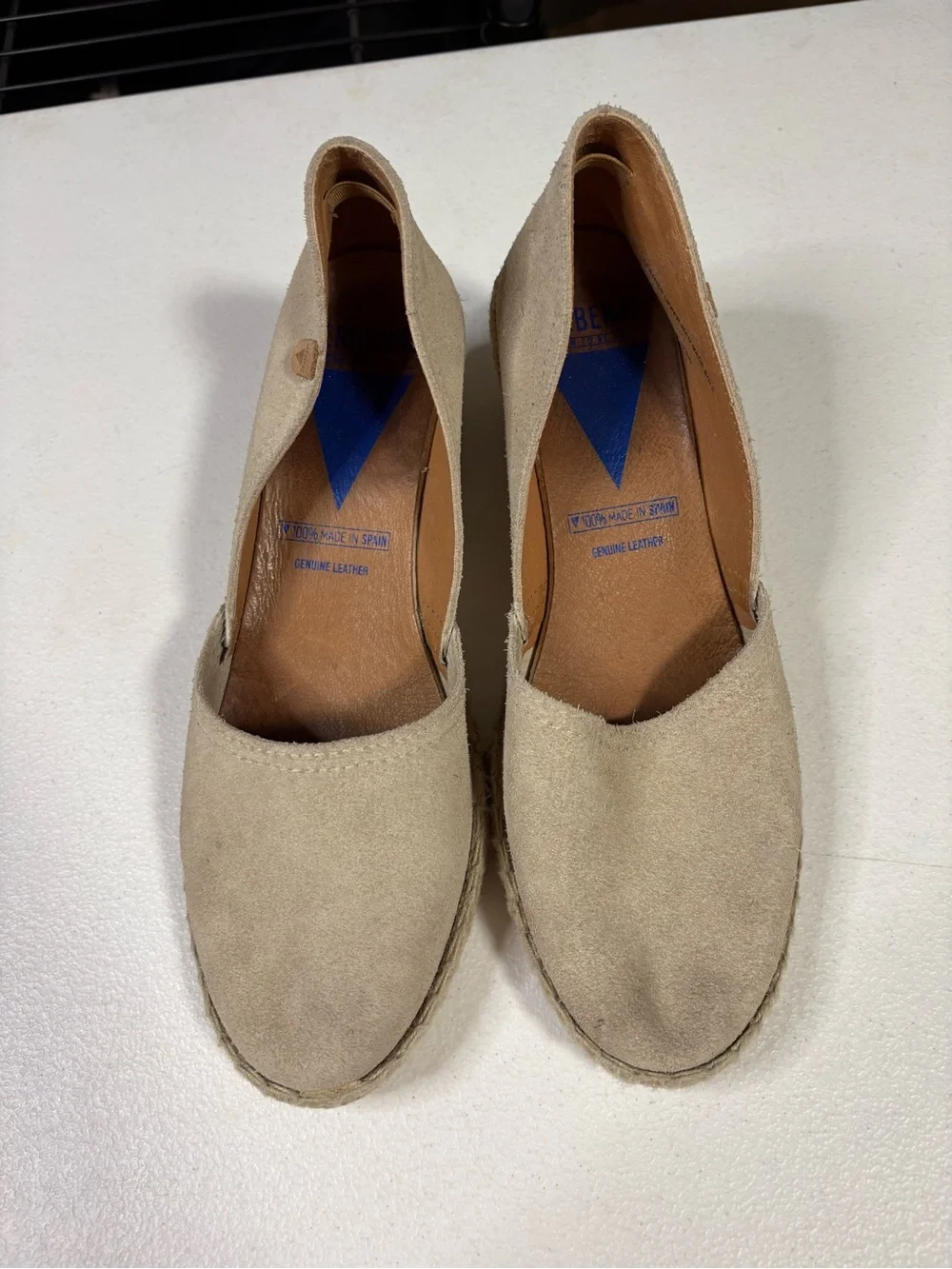 Verbenas Mamen Wedge Espadrilles Beige Suede Leather Jute Size 39